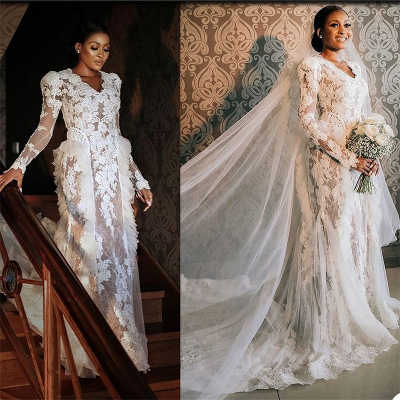 Luxury Lace Mermaid Wedding Dress Full Appliqued Sweep Train Bridal Gowns Custom Made Deep V Neck Long Sleeves Robes De Mariée