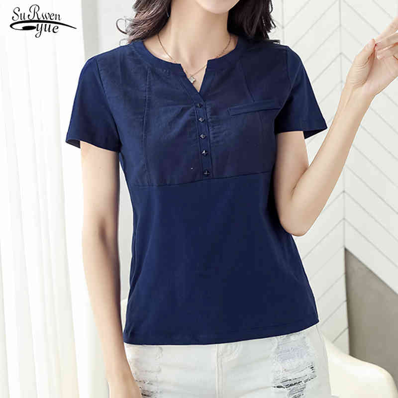 Summer Tops Women Solid Short Sleeve Tshirt Office Lady Casual V-neck T-shirt Clothes Camiseta Mujer 8588 50 210508