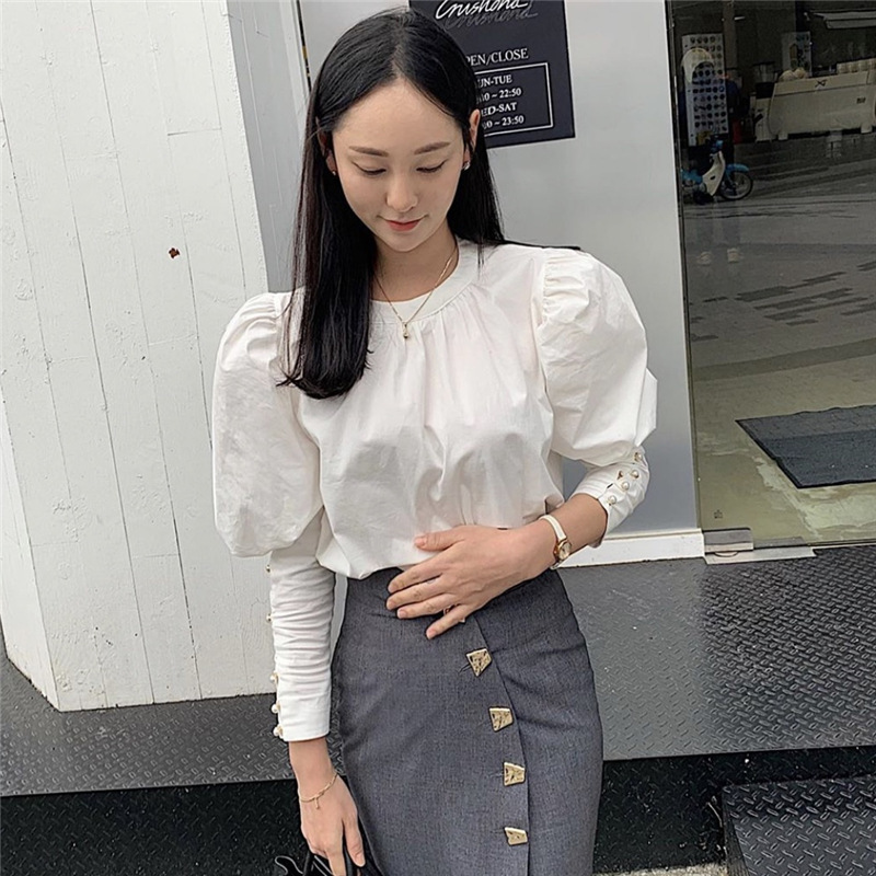 Nomikuma Causal O-neck Elegant Women Blouses Korean Buttons Puff Long Sleeve Shirt Autumn New Solid Blusas Mujer 6D204 210427