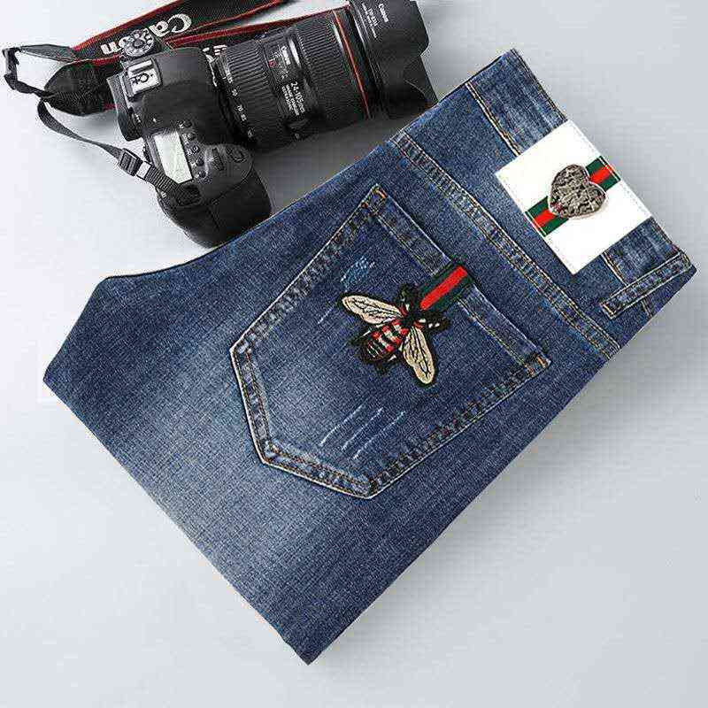 High-end Men's denim jeans feet pants slim fit autumn casual stretch all-match embroidery little bee teenagers pencil pants 211120