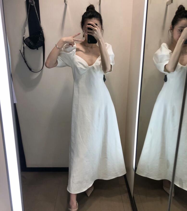 Women Vintage V neck Knik Short Puff Sleeve Dress Retro Backless Slim Waist A line Midi Long Dresses Elegant White Vestido 210429
