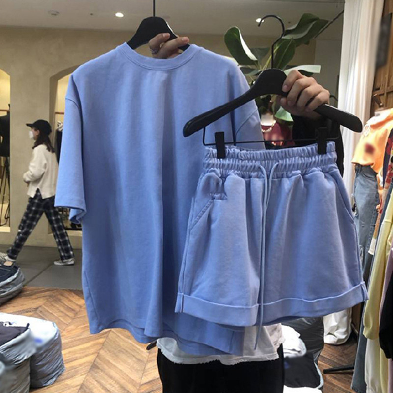 Nomikuma Spring Summer 2pieces Sets Short Sleeve O-neck Causal T Shirts + Lace Up High Waist Shorts Korean Outfits 6F864 210427