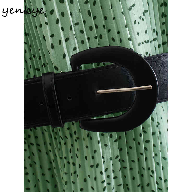 YENKYE Spring Women Vintage Print Pleated Chiffon Dress Female V Neck Long Sleeve Free Belt Dress Casual Midi Vestido Plus Size 210515