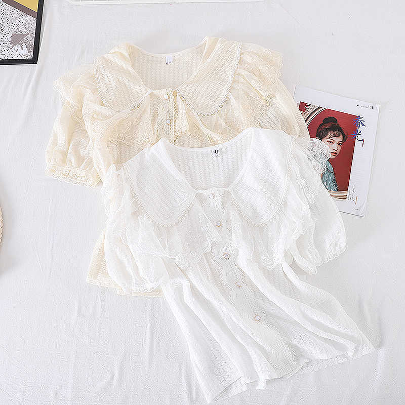 LY VAREY LIN Summer Women Sweet Single Breasted Lace Short Shirts Tops Casual Ruffled Sleeve Chiffon Office Lady Shirt 210526