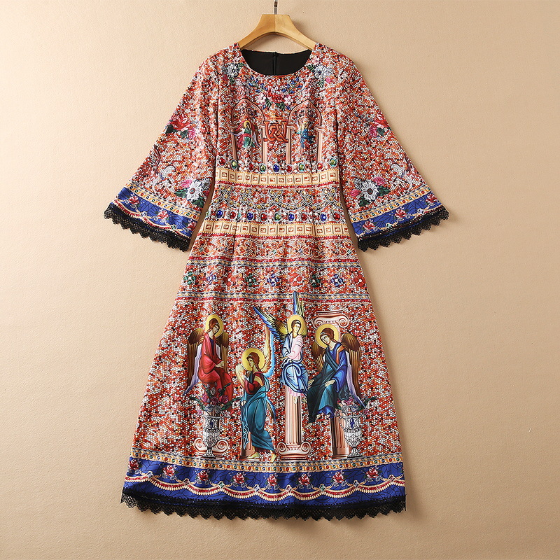 European and American women' clothing winter 2022 new Three-quarter sleeve retro print for court figures Fashion beaded dress, Red
European and American women' clothing winter 2022 new Three-quarter sleeve retro print for court figures Fashion beaded dress, Red