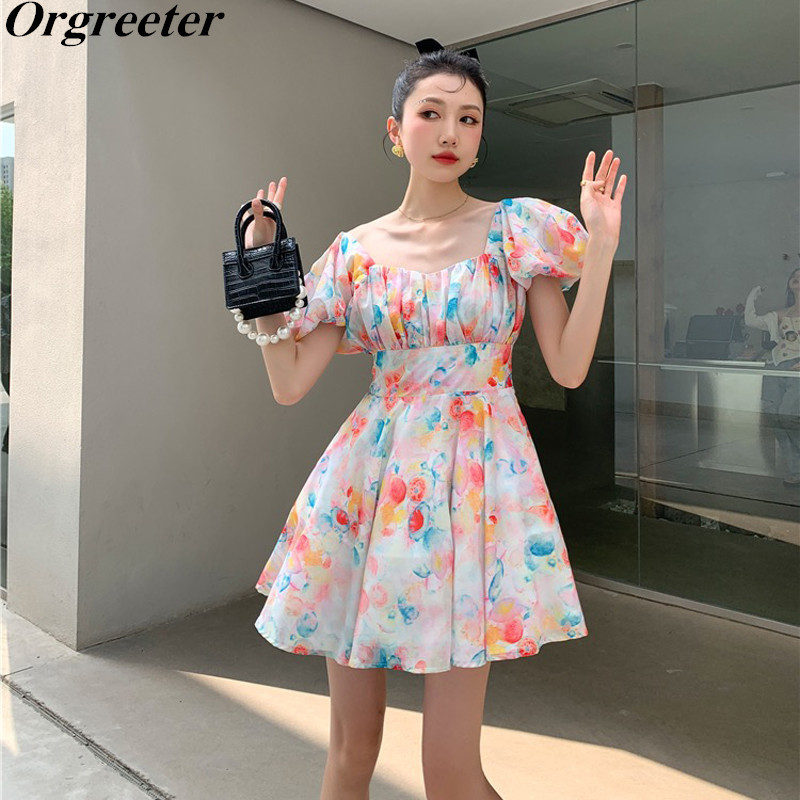 Sweet Puff short Sleeve High waist Dress Women Square collar Backless Rainbow print Pleated Mini Female Summer 210525, Multi
Sweet Puff short Sleeve High waist Dress Women Square collar Backless Rainbow print Pleated Mini Female Summer 210525, Multi