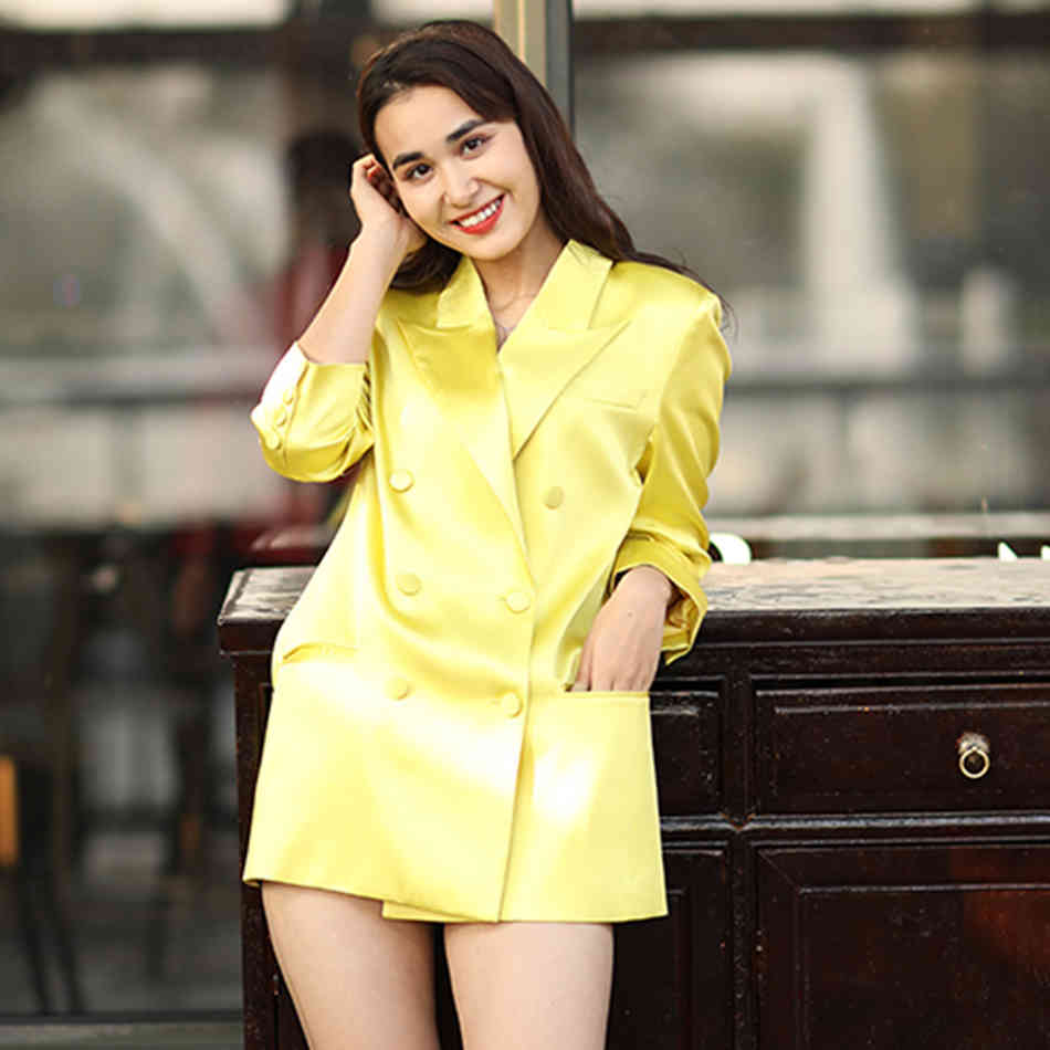 Free High Street Women's Yellow Profile Midi Blaze Elegant Lapel Long Sleeve Double Breasted Blazer Dresses 210524