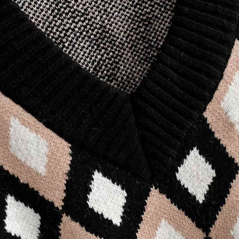 Vintage Woman Rhombus Plaid V Neck Sweater Fashion Ladies Autumn Oversized Knitted Tops Female Chic Soft Sweaters 210515