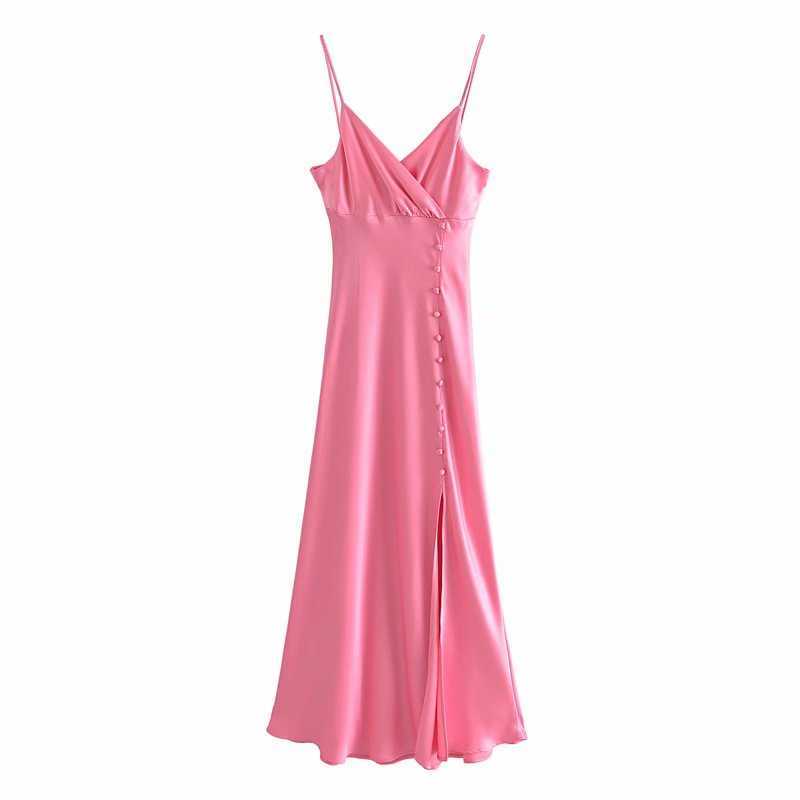 Summer Women Satin Camisole Dress V-neck elegant Casual Fashion Chic Lady Woman Long Sling slit dress 210709