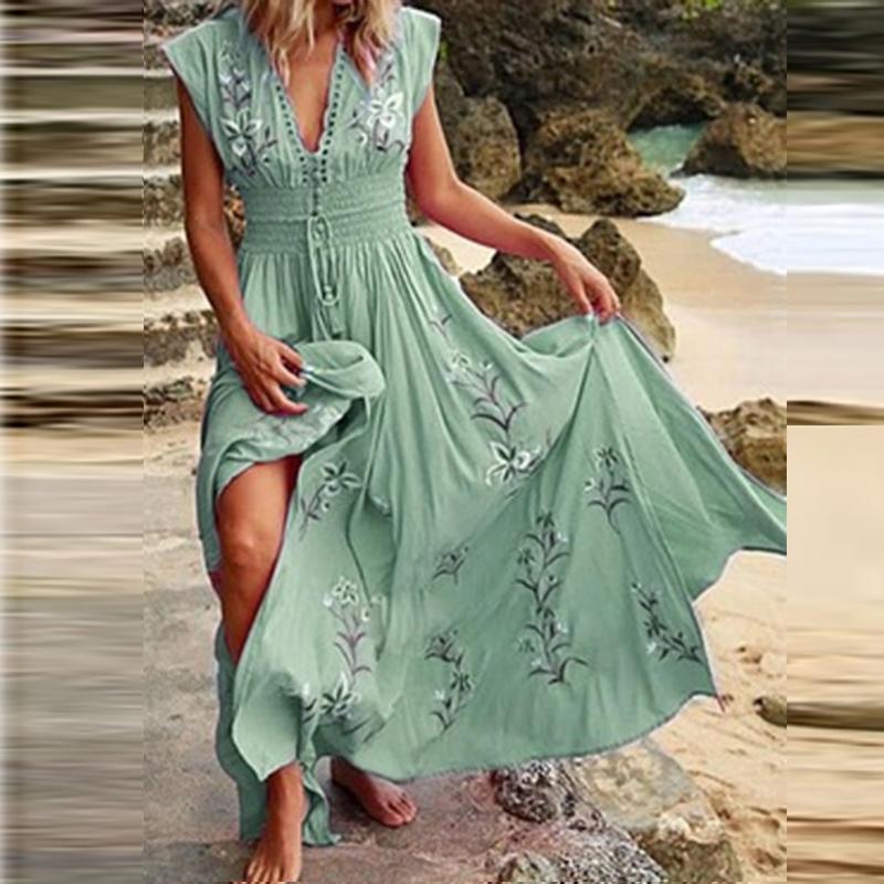 Casual Dresses Summer Dress Maxi Beach French Style Sexy A Line Embroidery Flower Sleeve V Neck Long Robe Femme