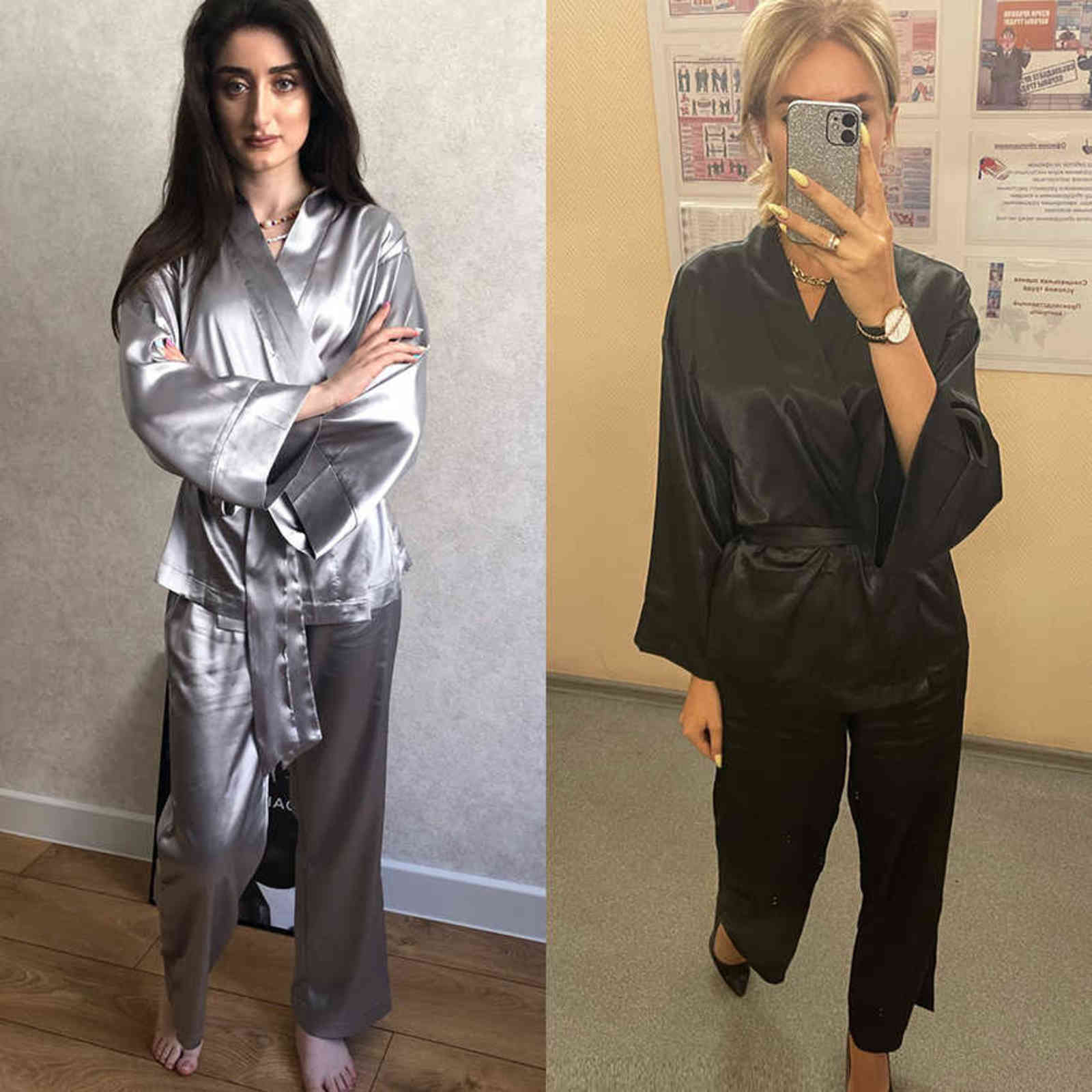 HECHAN Solid Women Robes With Sashes 2 Piece Set Wrist Sleep Tops Satin Pants Loose Pajamas Casual Sleepwear Female Home Suits 211118