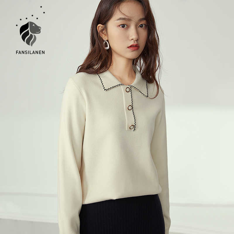 FANSILANEN Vintage white polo knitted sweater Women autumn winter elegant wram pullover Female embroidery casual jumper top 210607
FANSILANEN Vintage white polo knitted sweater Women autumn winter elegant wram pullover Female embroidery casual jumper top 210607