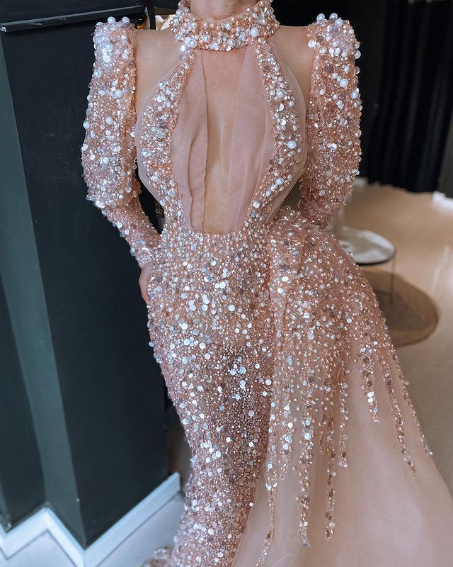 2022 Plus Size Arabic Aso Ebi Gold Sparkly Mermaid Prom Dresses Sequined Long Sleeves Evening Formal Party Second Reception Gowns Dress ZJ334
