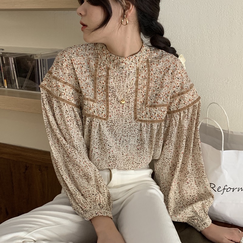 Autumn Vintage Women Tops And Bloues Stand Collar Lantern Sleeve Blouse Long Top Korean Fashion Clothing 210427