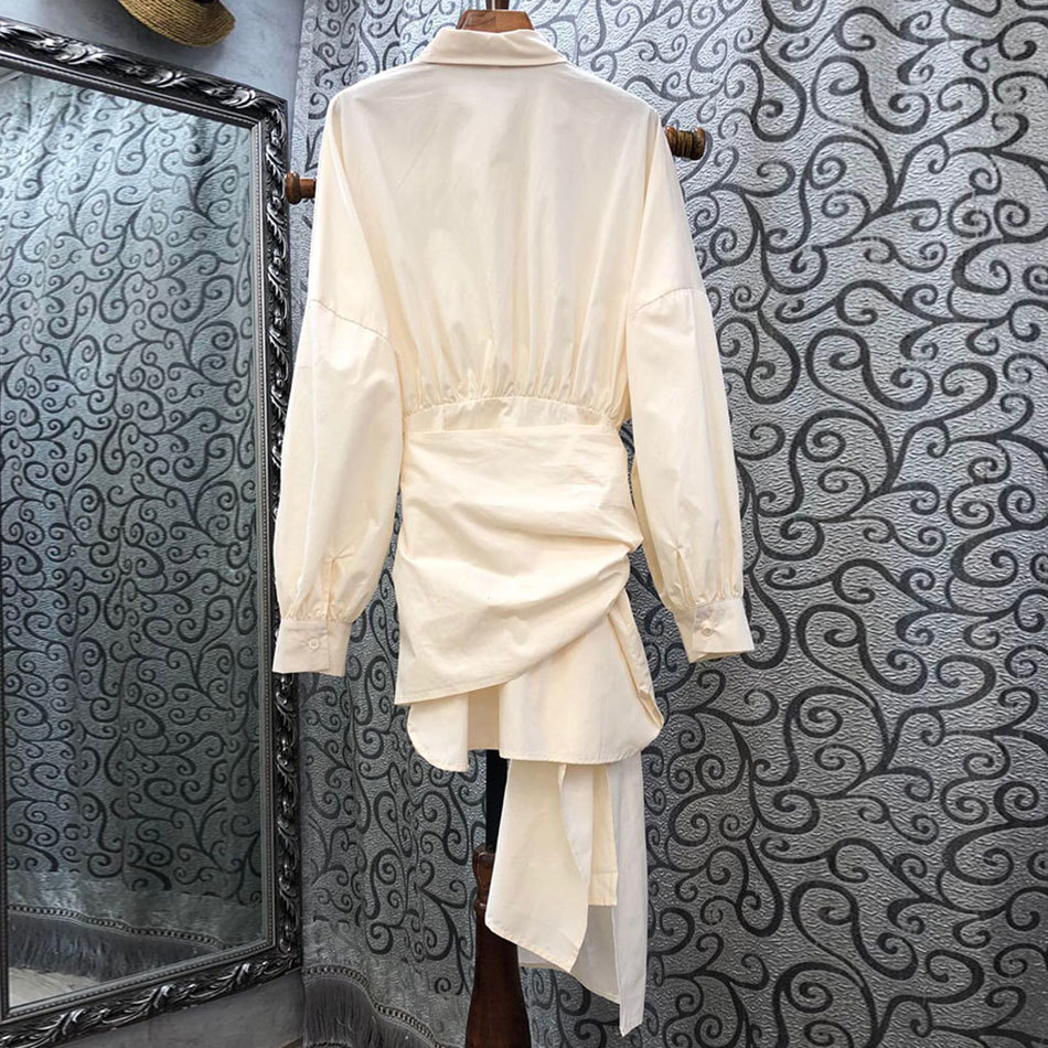 Free Fashion Women Pure Cotton Shirt Dress Sexy Lapel Lantern Sleeve Asymmetric Belt Party Vestido 210524