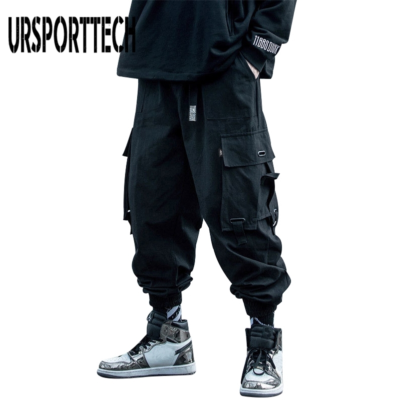 URSPORTTECH Black Cargo Pants Men Hip Hop Autumn Harem Pant Streetwear Harajuku Jogger Sweatpant Cotton Trousers Male Pants 210810