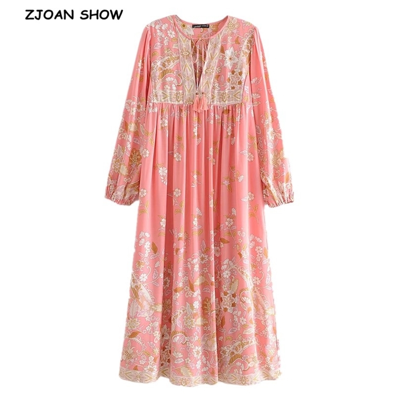BOHO Lacing up V neck Location Pteris flower Print Long Dress Pink Ethnic WomanTassel Strappy Sleeve Holiday Dresses Beach 210429