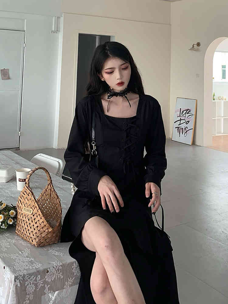 Gothic Dress Women Autumn Elegant Vintage Black Dress Fashion Lace-up Ruffles A-line long sleeve Party Dress Korea Clothing 210521