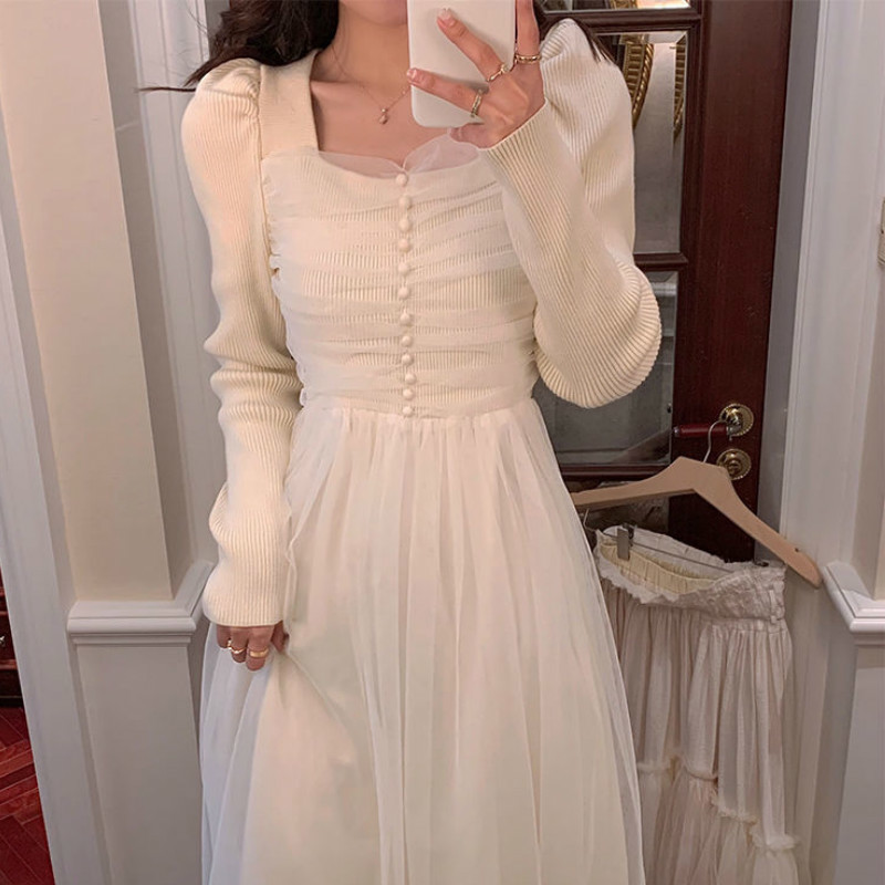 Knit Dress Korea Spring Lace Elegant Dress Ladies Long Sleeve Square Collar Slim Fairy Office Vintage Dress Women 210521