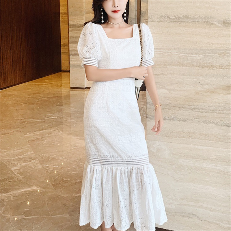 Summer Women's Square Collar Korean Dress Sexy High Waist Hollow Fishtail Dress Bag Hip Women's Fashion Party Dress Vestidos 210515