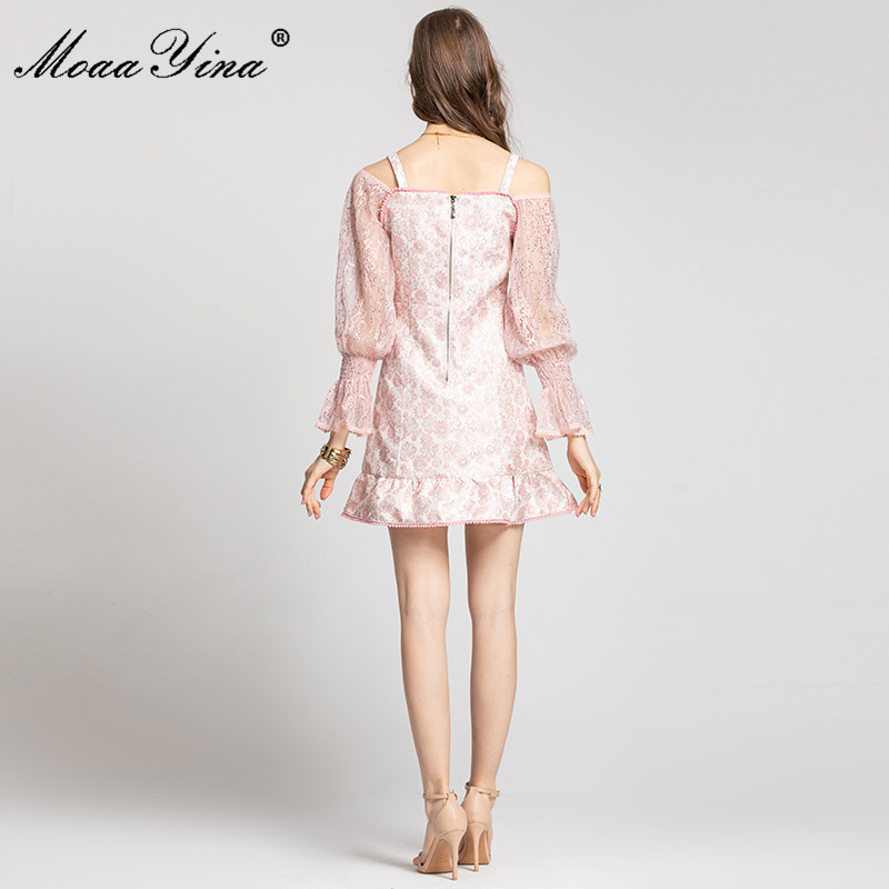 Summer Runway Pink Spaghetti Strap Dresses Women's Lantern sleeve Sequins Printed Vintage Jacquard Short Dress 210524
