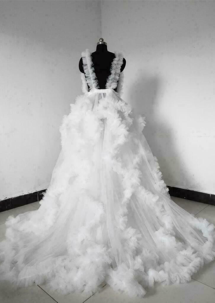 Ruffles White Tulle Kimono Women Dresses Robe for Photoshoot Extra Puffy V Neck Prom Gowns African Cape Cloak Maternity Dress Photography