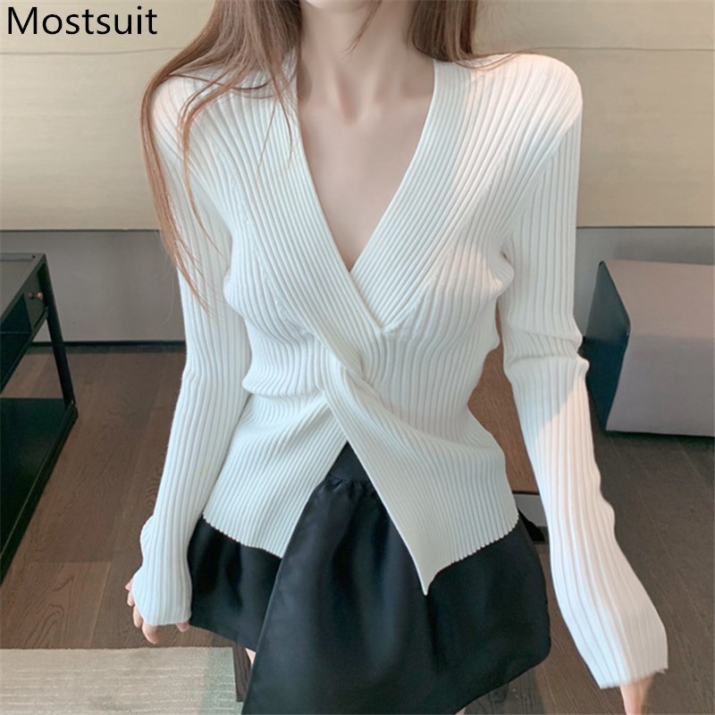 Crossed V-neck Knitted Sweater Pullover Women Full Sleeve Solid Slim High Stretch Tops Streetwear Fashion Female Jumpers 210514