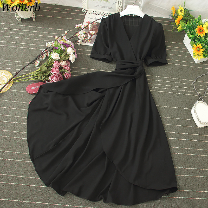 V-neck Chic Short Sleeve Dress Women Solid Bandage Waist Vestidos Casual All Match Asymmetrical Dresses Summer Robe 210519
