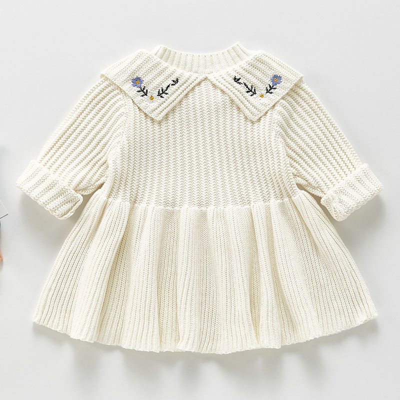 Spring Autumn Kids Dresses For Girls Princess Girl Long Sleeve Knitting Embroider 0-3Yrs 210429