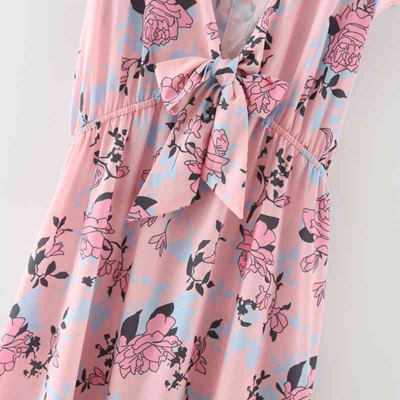 Summer Women Flower Print Deep V Neck Lace Up Bow Midi Dress Female Short Sleeve Clothes Casual Lady Loose Vestido D7515 210430Z
