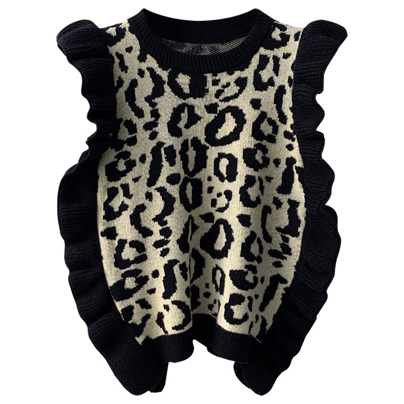 Nomikuma Spring Sleeveless Ruffle Knitted Pullover Vest Causal O-neck Women Knitwear Korean Leopard Elegant Sweater 6E121 210427