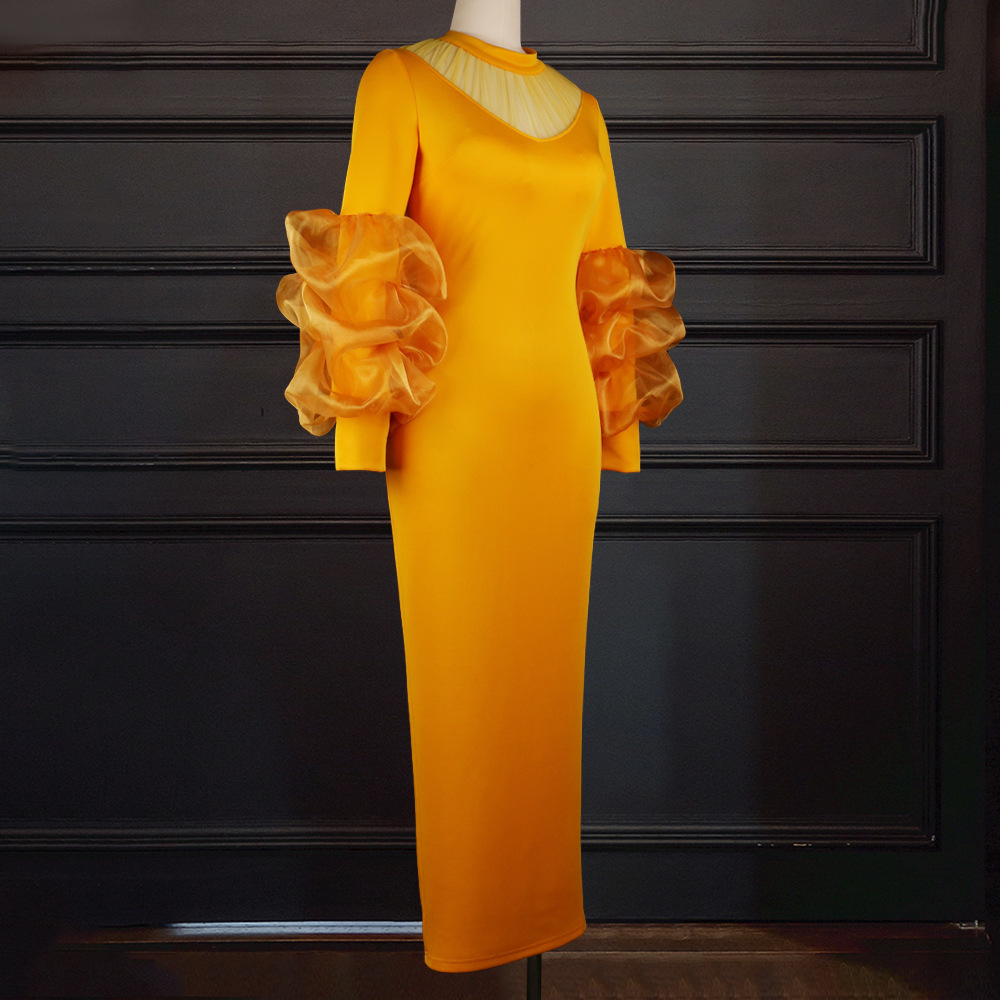 Women Dress Lantern Sleeves High Waist Vintage Large Size Slim Party es Plus Ladies Maxi es 210513