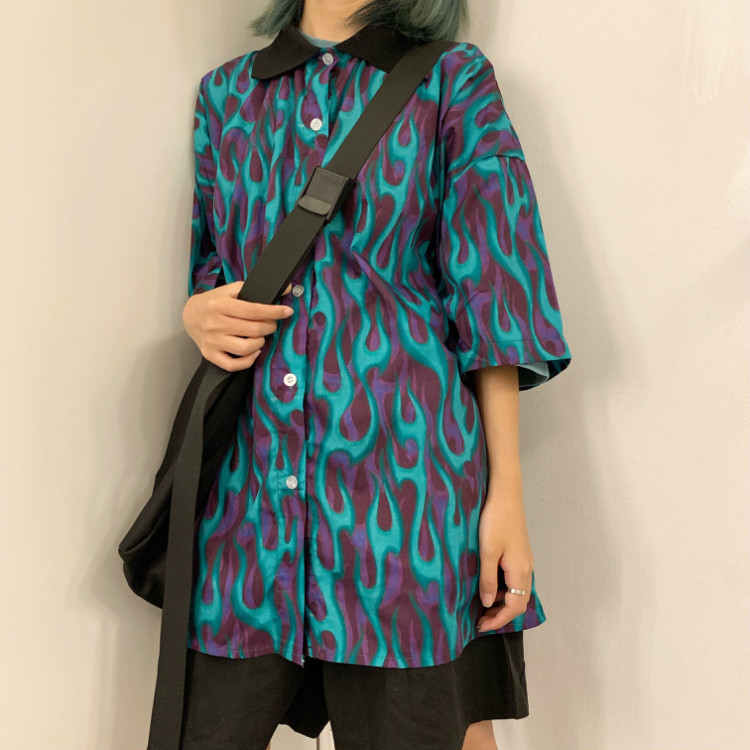 Woherb Streetwear Flame Print Women Men Blouse Shirts Summer Short Sleeve Turn Down Collar Hit Color Loose Harajuku Blusas 210317