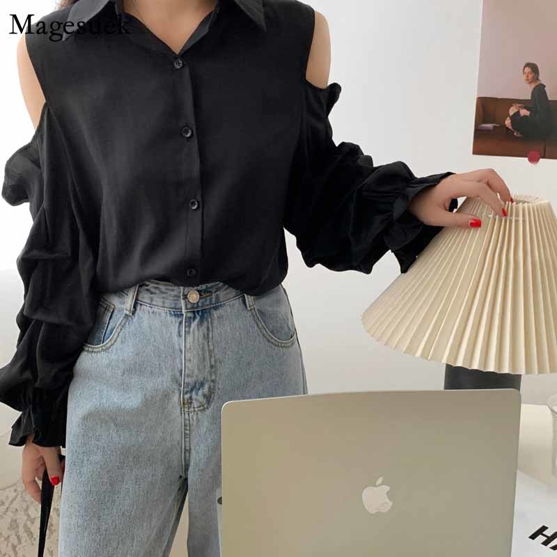 Long Sleeve Women Shirt Off-Shoulder Cardigan Blouses Autumn Puff Sexy Office Lady CasualBlusas 10569 210518