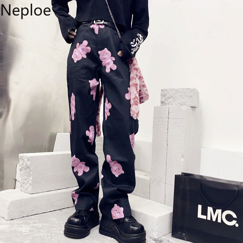 Neploe Women Pants Black Bear Print High Waist Trousers Korean Style Spring Slim Fit Loose Straight Casual Pantalong 4h671 210422