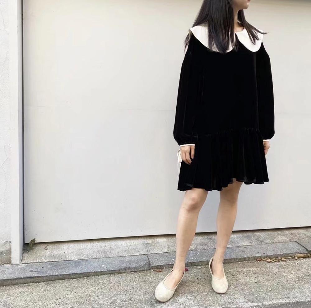 Winter Kawaii Retro Peter Pan Collar Long sleeve Short Velvet Dress Sweet Woman Loose Straight Dresses Velour 210429