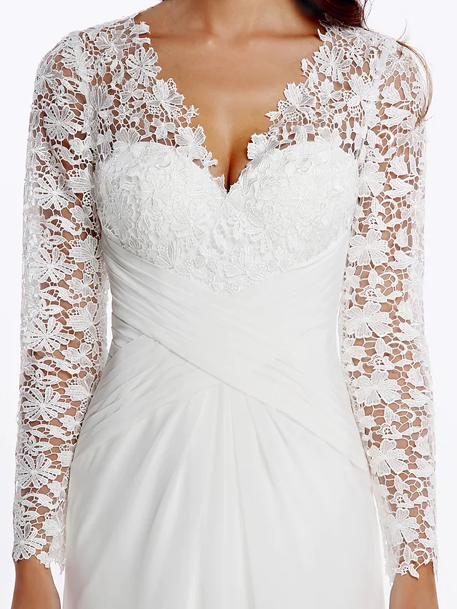 Wedding Dress 2022 Bridal Gown V Neck Sweep Train Chiffon Floral Lace Long Illusion Sleeve Romantic Boho Plus Size Vestido De Noiva Robe Mariage
