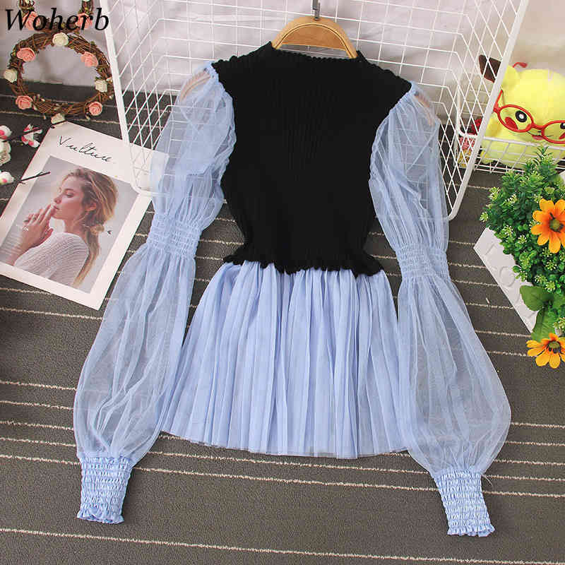 Chic Korean Blouse Women O-neck Pleated Ruffles Shirts Knitted Patchwork Gauze Blouses Lantern Sleeve Sweet Tops 210519
