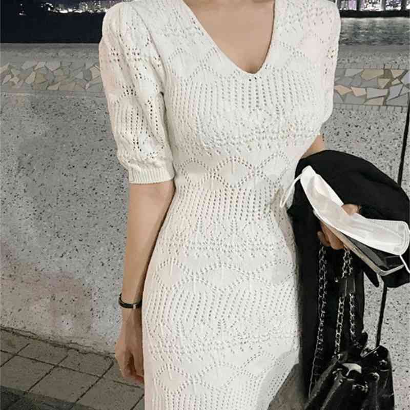 Fashion Casual Solid Sexy V-Neck Slim Korean Chic Summer Dresses Women's Short Sleeve Mid-Length Mermaid Dress 210520