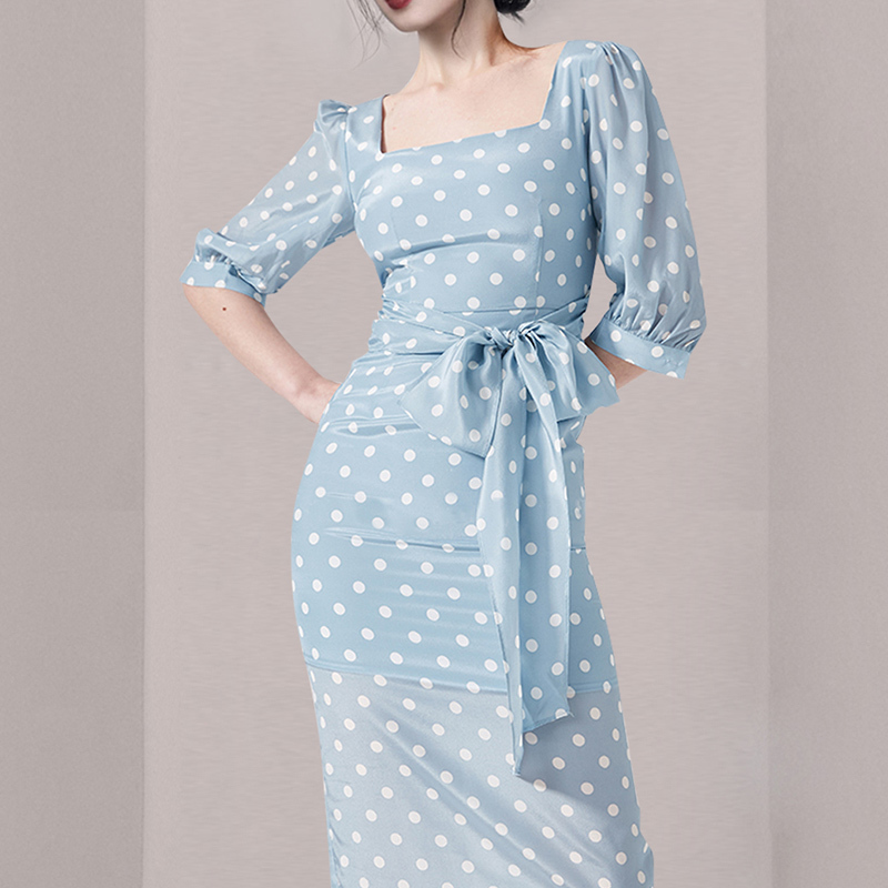Temperament Elegant Square Collar Puff Sleeve Ploka Dot Office OL Slim Pencil Dress Bodycon Lace Up Party Vestidos 210519