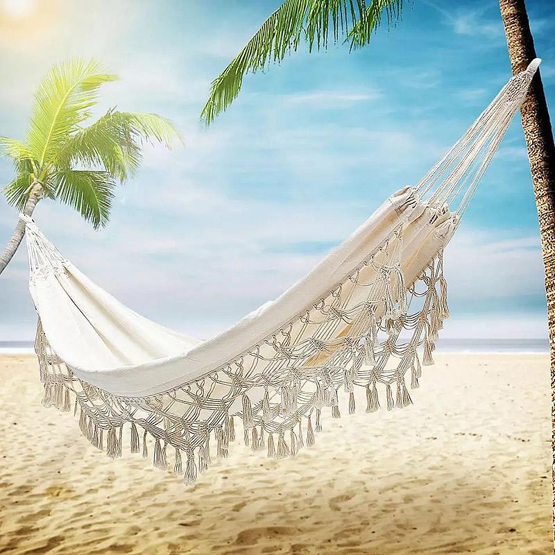 

Camp Furniture Large Swing Hammock White Macrame Fringe 2 Person Double Deluxe Net Chair Indoor Hanging Swings