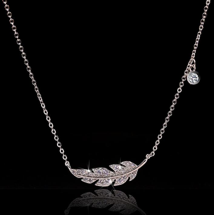 Sterling Sier Feather Necklace - Delicate Pendant with White Sapphire CZ Accents, Perfect for Party & Wedding Free shipping