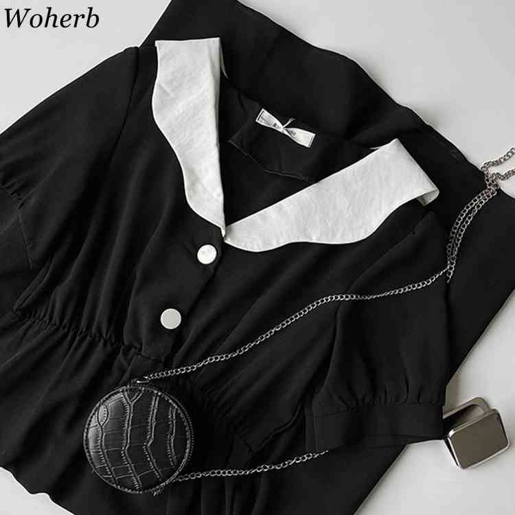 Korean Dress Women Summer Gentle Temperament Puff Sleeve Vestidos Peter Pan Collar Patchwork Preppy Style Dresses 210519