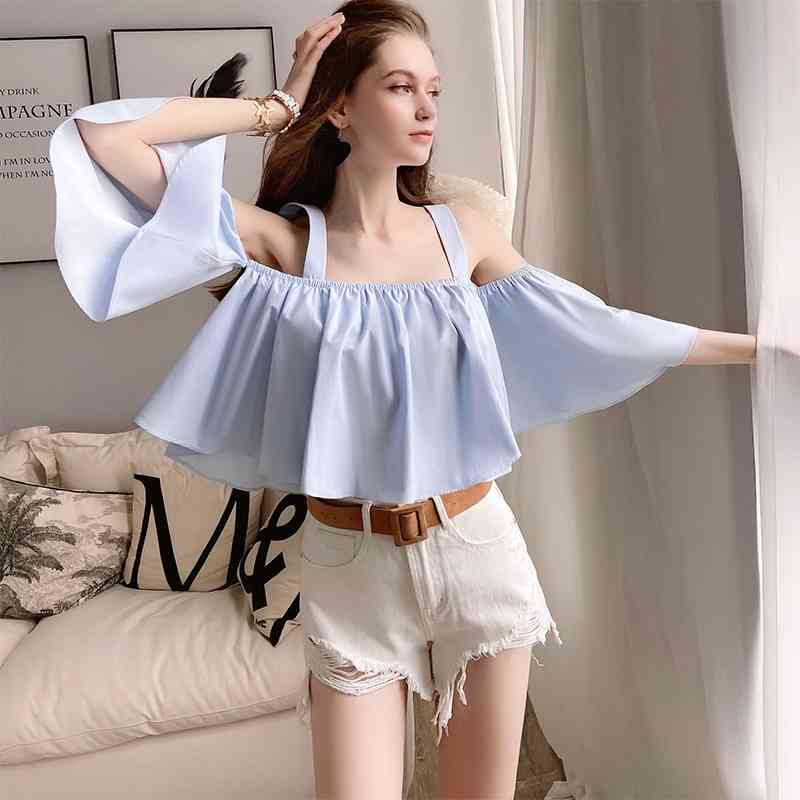 Dabuwawa Sexy Blue Ruffle Sleeve Off Shoulder Short Blouse Women Loose Fit Solid Summer Womens Shirts and Blouses DT1BST028 210520
