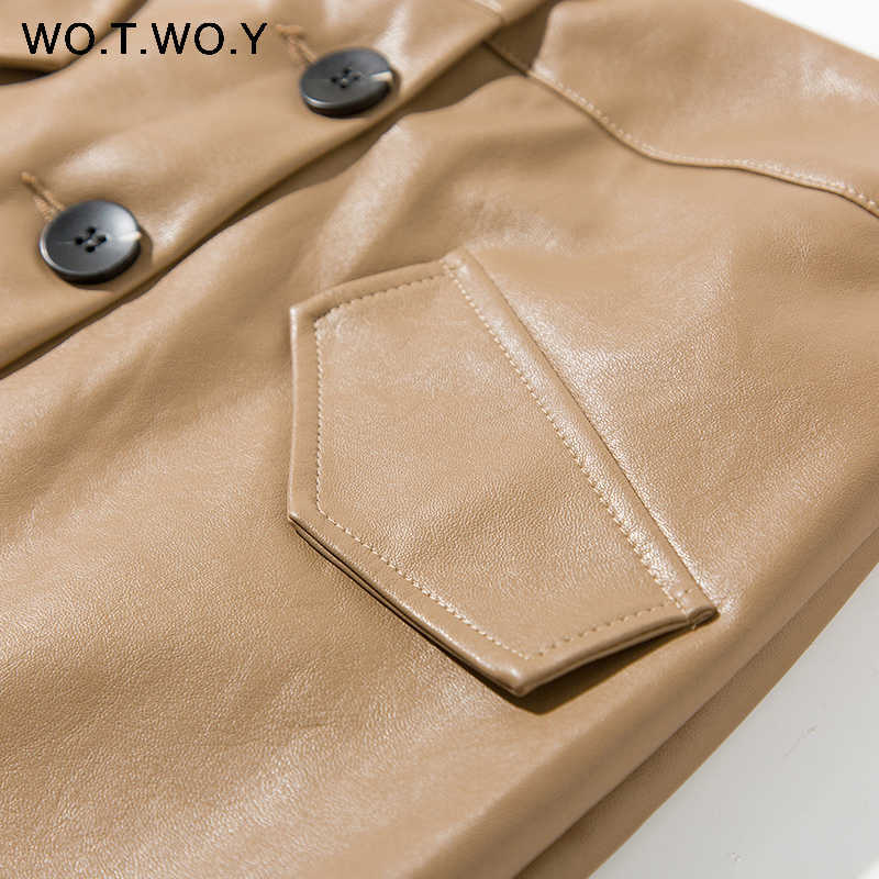 WOTWOY Elengant High Waist Leather Penci Skirt Women Multi Button Wrapped Skirts Mujer Faldas Solid Pockets Femme Jupes 210619