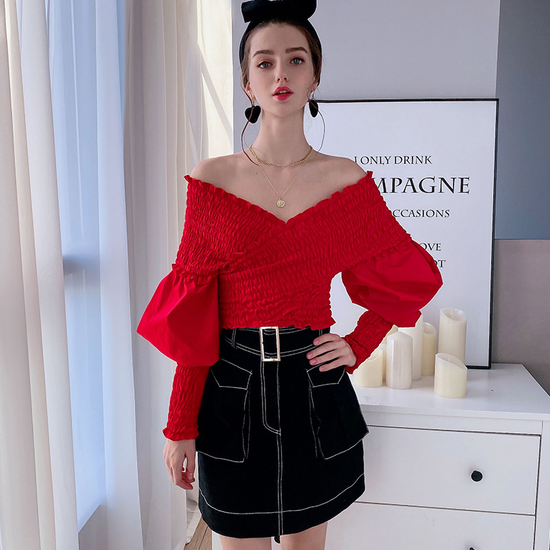 Dabuwawa Asymmetrical Neck Off Shoulder Solid Shirts Women Slim Fit Party Sexy Pullover Lantern Sleeve Blouses Female DT1AST030 210520