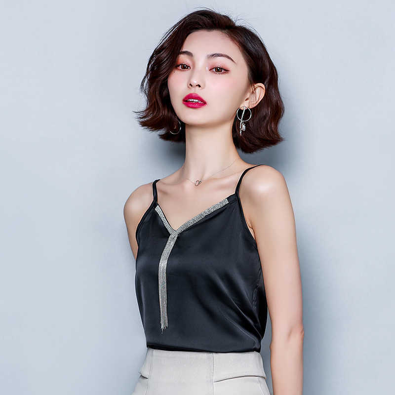 Korean Silk Women Tops Summer Woman Satin V-neck Camis Solid Tees Sleeveless Tassel Sexy Halter 210531
