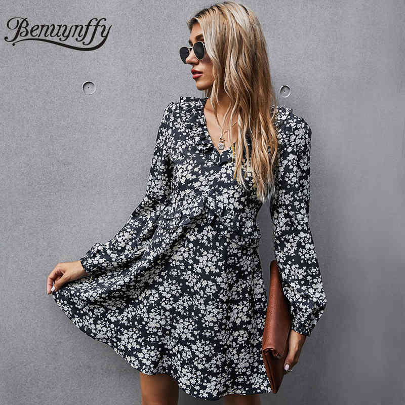 Ruffle Floral Print Tunic Mini Dresses Women Autumn High Waist Long Sleeve Boho Elegant V Neck Female A-Line Dress 210510
