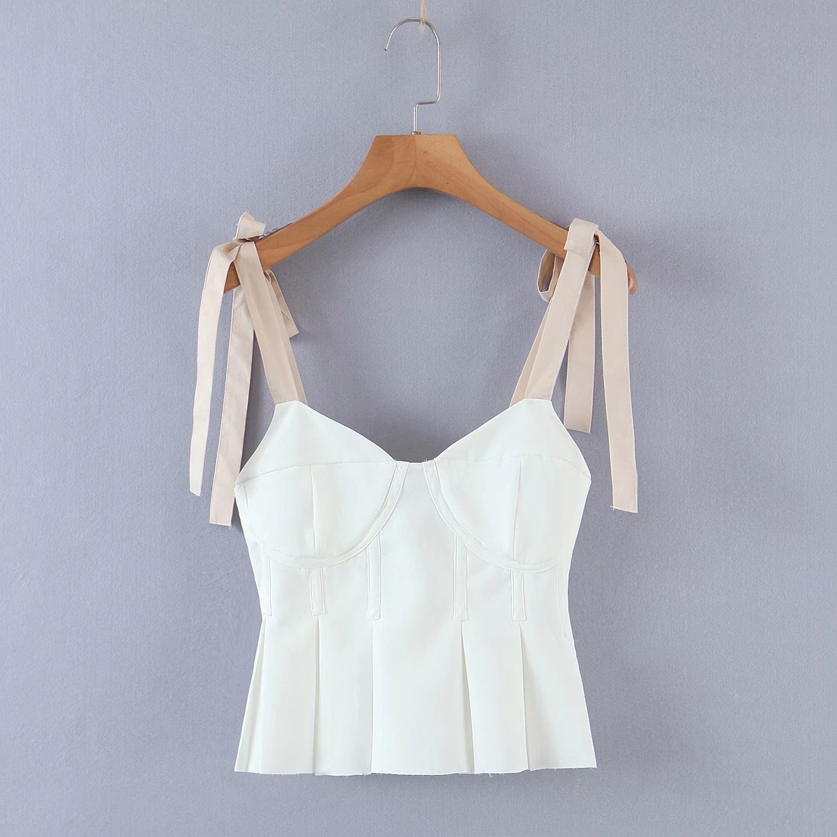 Summer Tie Bow Strap Patchwork White Pleated Camis Women Retro Girl Sexy Slim Crop Top Short Tees 210429