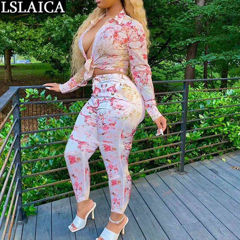 Two Piece Set Fashion Floral Print Outfits for Women Long Sleeve Turn-down Strappy Crop Tops Woman Pants Sets Clothes Autumn 210515